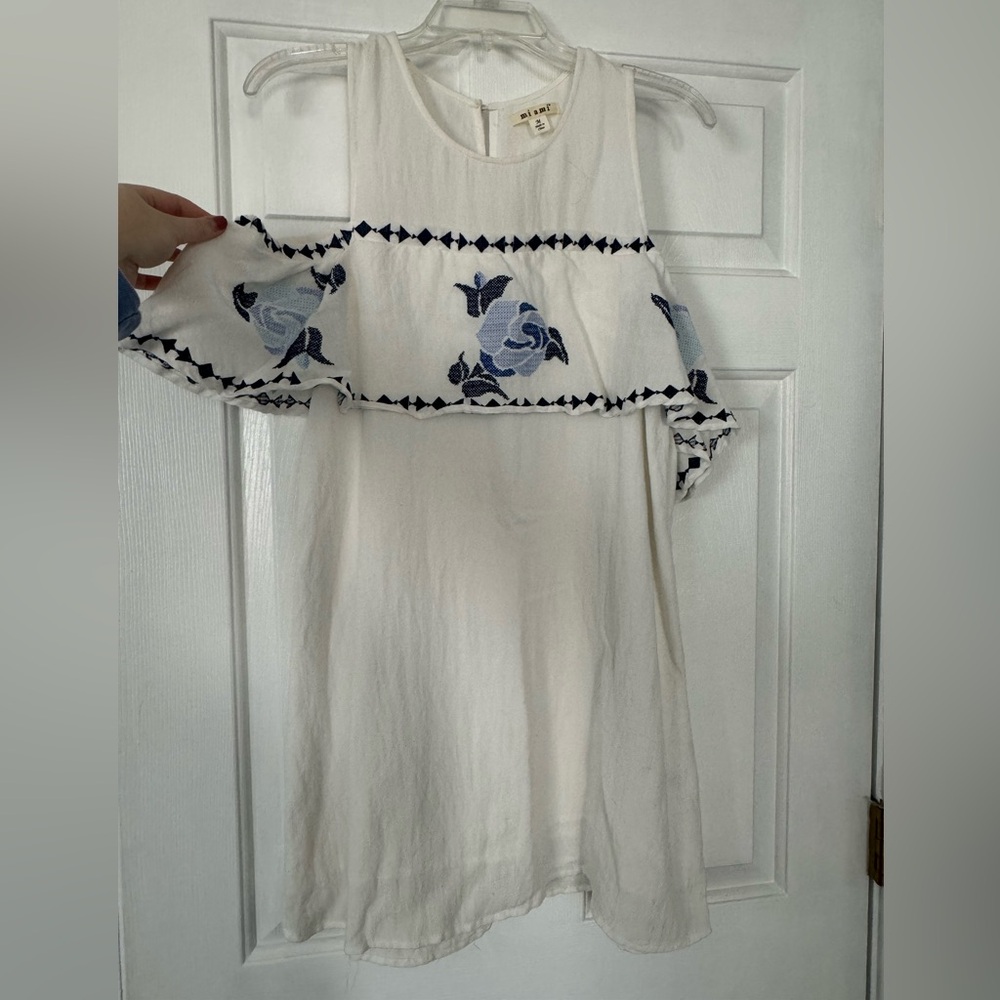 White w/ blue floral detail off the shoulder dress